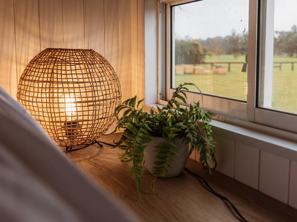 A woven lamp and a plant on the windowsill of a Tiny Away tiny house, looking out over green paddocks